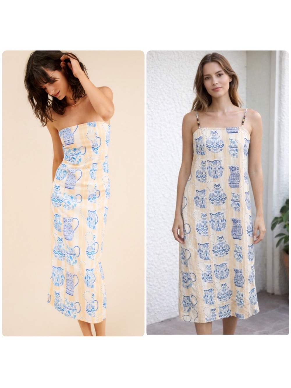 Never Fully Dressed Yellow Midi Dress with Blue Pitcher Print